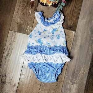 Rare Editions White, Blue, Yellow Floral Lace Baby Bodysuit Bubble Romper Sz 6m
